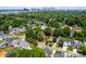 A beautiful bird's eye view of a property in a mature neighborhood with a distant view of the city's skyline at 557 Melbourne Ct, Charlotte, NC 28209