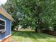 Spacious backyard with lush green grass, mature trees, and a storage building in the background at 557 Melbourne Ct, Charlotte, NC 28209