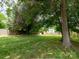 An expansive backyard with lush grass and tall trees, providing privacy and shade, as well as a storage building at 557 Melbourne Ct, Charlotte, NC 28209
