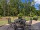 Brick patio featuring a wrought iron table and chairs set surrounded by lush greenery and trees, perfect for outdoor enjoyment at 603 Southstone Dr, Matthews, NC 28104