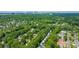 Wide aerial view showcases houses amongst a thriving, lush green neighborhood, with buildings in the distance at 618 Heathermoor Ct, Charlotte, NC 28209