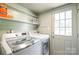 Practical laundry area with modern washer and dryer units, storage shelves, and a door to the outside at 618 Heathermoor Ct, Charlotte, NC 28209