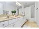 Bathroom with dual sinks, white cabinets, and neutral finishes, offering practical functionality and style at 655 Powder Horn Ln, Indian Trail, NC 28079