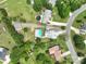 An aerial shot displays properties with pools, lush foliage, a winding street, and neighborhood homes with green lawns at 8540 Indian Summer Trl, Harrisburg, NC 28075