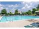 Community swimming pool area showcasing a large, bright blue swimming pool with surrounding lounge chairs and trees at 10911 Skymont Dr, Huntersville, NC 28078