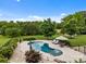 Beautifully landscaped backyard with a luxurious pool, patio area, and lush greenery at 1115 Wynnbrook Way, Concord, NC 28027