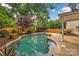 Backyard pool featuring lush landscaping, wood fence, and covered lounge area at 1225 Madison Green Dr, Fort Mill, SC 29715