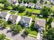 An aerial view displays a neighborhood street with well-maintained lawns and mature trees surrounding beautiful homes at 14501 Asheton Creek Dr, Charlotte, NC 28273