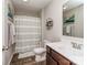 Bathroom with updated shower, decorative mirror and vanity at 4205 Bent Green Ln, Monroe, NC 28112