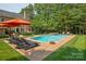 Backyard pool boasts lounge chairs, umbrella, with hot tub and lush green trees, great for outdoor relaxation at 552 Wyndham Ln, Marvin, NC 28173