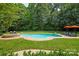 A backyard swimming pool features a hot tub, lounge chairs and an umbrella surrounded by lush green grass and trees at 552 Wyndham Ln, Marvin, NC 28173