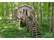 Woodsy treehouse with stairs blends into a lush green background of this property with a wooded area at 552 Wyndham Ln, Marvin, NC 28173