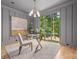 Bright home office features gray wood paneling, a modern light fixture, and a large window at 5601 Robinhood Rd, Charlotte, NC 28211