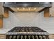 Close-up of a high-end range and vent hood in a modern kitchen, featuring intricate backsplash and design at 153 Mills Garden Rd, Statesville, NC 28625