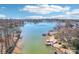 Expansive aerial view showcasing the waterfront homes and serene water views at 21610 Rio Oro Dr, Cornelius, NC 28031