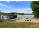 Scenic lakefront featuring a cozy picnic area with a firepit, perfect for lakeside relaxation at 434 Breezewood Dr, Belmont, NC 28012