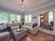 Bright living room boasting natural light, a comfy gray sofa, and backyard views at 5900 Colwick Nw Ct, Concord, NC 28027
