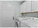 Functional laundry room featuring a washer, dryer, white cabinets, and access door at 149 Harbor Landing Dr, Mooresville, NC 28117