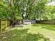 Spacious backyard featuring a well-maintained lawn, wooden fence, shade trees and storage shed at 1605 Allen St, Charlotte, NC 28205