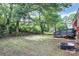 The spacious backyard features mature trees, and a grey deck attached to the house at 4913 Winchester St, Charlotte, NC 28208