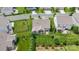 An aerial view showcases the fenced backyard and covered patio of this single Gathering home at 7016 Bareland Rd, Fort Mill, SC 29707