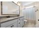 Bright bathroom features double vanity with granite countertop and framed mirror over a tub at 7016 Bareland Rd, Fort Mill, SC 29707