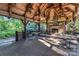 Outdoor pavilion with stone fireplace, vaulted ceiling, and rustic wood features at 150 8Th Ave, New London, NC 28127