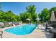 Inviting backyard pool surrounded by lounge chairs, umbrellas, and lush landscaping at 1575 Lewis Farm Rd, Kings Mountain, NC 28086
