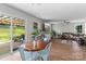 Open-concept living and dining area featuring wood floors, a sliding glass door, and modern furnishings at 176 Pleasant Grove Ln, Mooresville, NC 28115