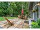 Outdoor patio with stone pavers, seating, and views of the landscaped backyard and greenery at 307 Lake Head Rd, Norwood, NC 28128