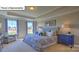Bedroom with neutral walls, tray ceilings, two nightstands, and a window with views of the outdoors at 160 Asmodean Ln, Troutman, NC 28166