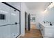 Subway tile shower features black trim and glass door at 315 W Hoke W St, Landis, NC 28088