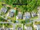 Aerial view of home showcasing .28 acre lot, backyard with patio, pool, and mature landscaping at 3918 Halcyon Dr, Huntersville, NC 28078