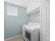 Laundry room with washer, dryer, white cabinets and blue walls at 3918 Halcyon Dr, Huntersville, NC 28078