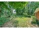 Lush backyard features mature trees, green lawn, and is partially fenced in at 5208 Black Oak Ln, Waxhaw, NC 28173