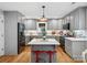 Well-lit kitchen with gray cabinets, island with seating, and stainless steel appliances at 107 Pressley St, Clover, SC 29710