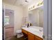 Clean bathroom featuring a wooden vanity, updated mirror, and neutral decor at 15042 Deshler Ct, Charlotte, NC 28273