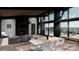 Open concept living room and dining area with modern decor, a fireplace, and beautiful lake views at 22554 John Gamble Rd, Cornelius, NC 28031