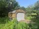 Wooden shed with an overhead garage door surrounded by lush greenery at 3103 Blue Ridge Dr, Shelby, NC 28150