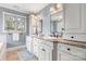 Elegant bathroom with double sinks, granite countertops, white cabinetry, and a large window for natural light at 3909 Black Sycamore Dr, Charlotte, NC 28226
