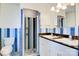 Bathroom features eye-catching blue and white tile, a dual sink vanity and a glass enclosed shower at 467 16Th Nw Ave, Hickory, NC 28601