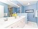 A blue bathroom featuring a double sink vanity and plenty of counter space at 6119 Bittersweet Ln, Charlotte, NC 28270
