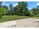 The backyard features a well-manicured lawn, mature trees, a concrete patio, and a storage shed at 6406 Old Meadow Rd, Charlotte, NC 28227