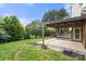 The backyard features a covered patio, a well-manicured lawn, and mature trees providing shade and privacy at 12824 Harvest Time Ct, Charlotte, NC 28278