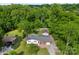 Aerial view of a home with a spacious backyard, detached garage, and surrounded by lush trees at 1822 N New Hope Rd, Gastonia, NC 28054