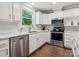Well-lit kitchen features white cabinets, marble countertops, stainless appliances, and a stylish backsplash at 195 Bluebird Ln, Salisbury, NC 28146