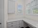 Bright office area boasts built-in cabinetry, quartz counters, and two windows with plantation shutters at 2185 Loire Valley Dr, Fort Mill, SC 29707