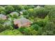 Aerial view of a brick home surrounded by lush greenery, showcasing its secluded backyard at 3206 Lakehurst Xing, Matthews, NC 28104