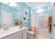 Bright bathroom with a vanity, toilet, shower and stylish decor at 344 Linestowe Dr, Belmont, NC 28012