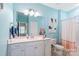 Bathroom featuring blue walls, vanity, toilet, and shower at 344 Linestowe Dr, Belmont, NC 28012